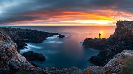Coastal Rocks and Vibrant Sunset, Dramatic Ocean View, Scenic Horizon, Nature&rsquo;s Beauty, Evening Seascape, Peaceful Twilight, Travel Inspiration