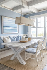 coastal dining room decorated in watery blue hue with gray tones color palette