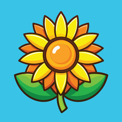 Cheerful cartoon sunflower with bright yellow petals and green leaves on a blue background.