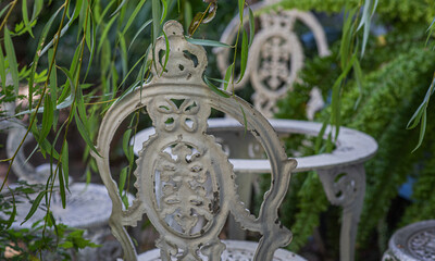 An old ornate, white wrought-iron garden chair surrounded by greenery. The intricate design of the chair back is partially obscured by hanging leaves, creating a tranquil and vintage atmosphere.