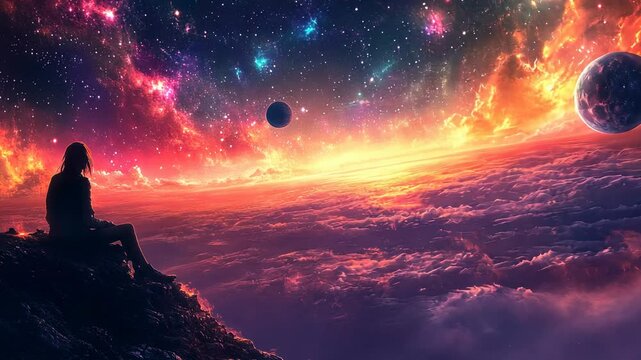 Woman Sitting on Cliff Looking at Starry Sky, silhouette, night, starry night, galaxy, clouds