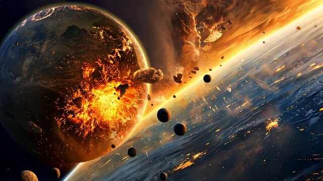 A dramatic cosmic scene depicting an exploding planet amidst a backdrop of space.