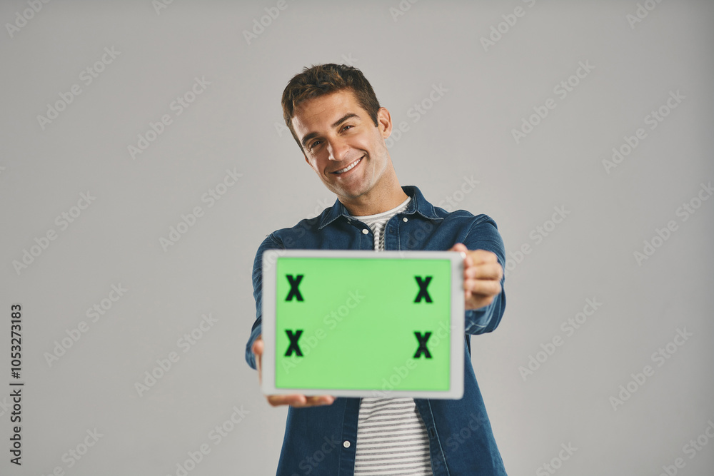 Aufkleber portrait, green screen and man with tablet, internet and happy person on gray studio background. fac