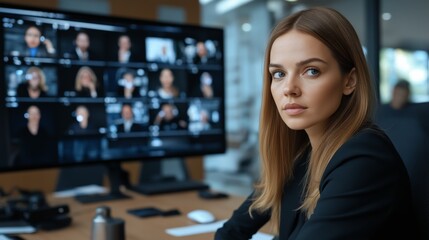 Corporate meeting with holograms, futuristic setting, remote participants present. AI generated