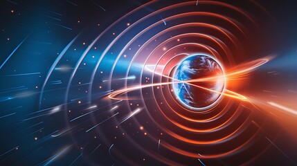 Abstract magnetic field visualization with glowing lines and arrows representing the flow of magnetic force around a central object in a dark, empty space.