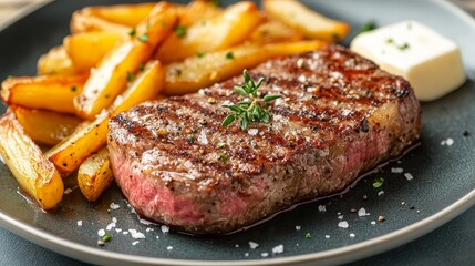 Delicious Ribeye Steak with Caramelized French Onions and Crispy French Fries, Perfectly Seasoned and Cooked to Medium-Rare, Served with Fresh Parsley Garnish for a Flavorful and Satisfying Meal