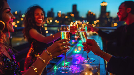 Celebration on a rooftop at night with friends raising glasses of champagne against a city skyline backdrop