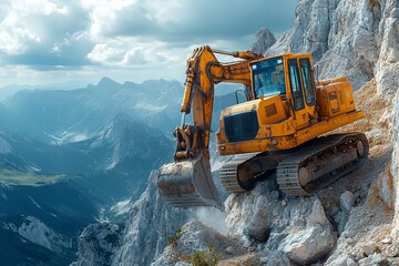 Excavator on steep mountain slope: engineering marvels in rugged terrain