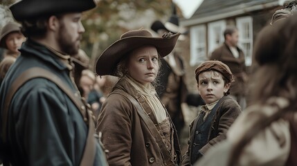 Obraz premium Colonial Era Children in a Crowd Illustration background for presentation 