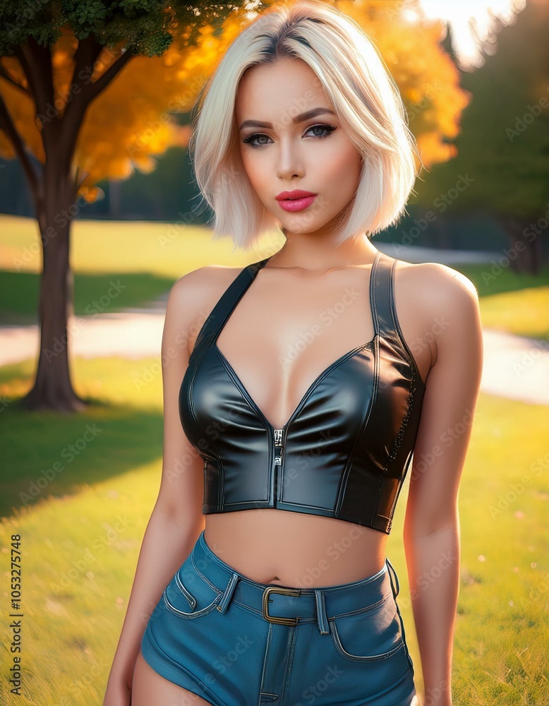 Wall mural portrait of a blonde woman with short hair wearing a low cut black leather top in the park in summer, fashion photography	