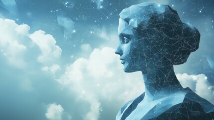 Serene AI: Digital Sculpture of a Woman Against a Cloudy Sky 