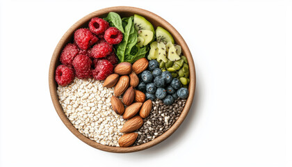 A vibrant bowl filled with an assortment of fresh berries, nuts, grains, and greens, promoting a healthy and balanced diet.