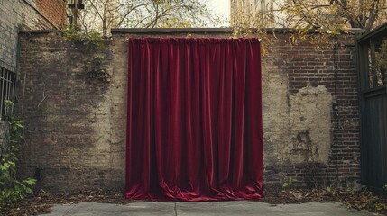 Red velvet curtains hung between old brick walls in a deserted city backyard, evoking a sense of mystery and performance.