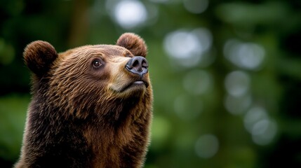 Obraz premium A close-up portrait of a brown bear looking up with a blurred green forest background.