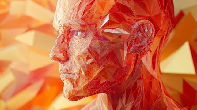 Geometric Portrait: A futuristic and abstract portrait of a human face rendered in a mesmerizing polyhedron style. The image is filled with vibrant red and orange hues.