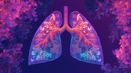 Lungs Anatomy: Vibrant illustration of healthy human lungs surrounded by flora, showcasing intricate details with a blend of pink and blue hues.  
