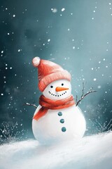 Fototapeta premium A snowman with a red hat and scarf stands in the snow. The image has a cheerful and playful mood, as the snowman is dressed warmly and he is enjoying the winter weather