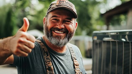 Happy HVAC Technician Giving Thumbs Up, repairman, air conditioning, ac unit, maintenance, service