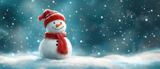 Fototapeta premium A snowman with a red hat and scarf stands in the snow. Concept of winter and holiday cheer