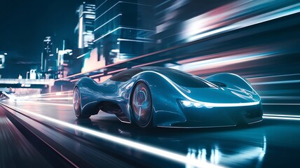 Fototapeta premium High-Speed Futuristic Car with Cutting-Edge Design, Sleek Futuristic Sports Car with Neon Accents