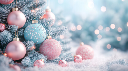 Christmas tree covered in snow with falling snowflakes in a winter holiday scene