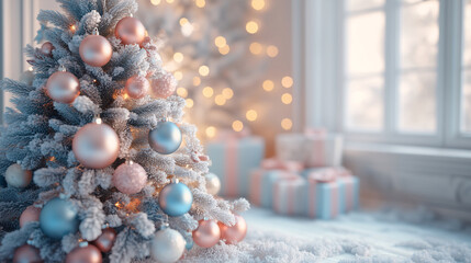 Christmas tree decorations on a blue winter background