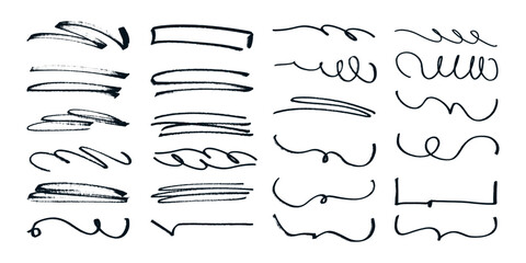 Set of Hand-Drawn Marker Lines and Swirls in Black on a White Background. Collection of Decorative Brush Strokes and Scribbles for Creative Design