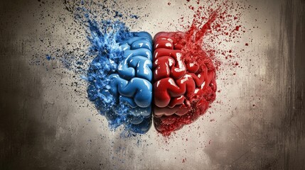 Creative representation of a blue and red brain split in two, symbolizing conflict and duality in thought.