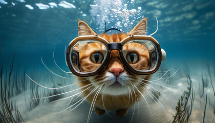 Cat Wearing Goggles Swimming in the Ocean