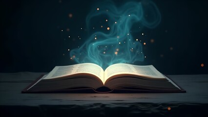 A magical old book lying on an ancient wooden table, open and glowing with various small particles