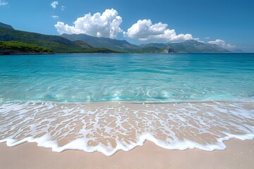Tranquil Beach Scene with Pristine Water and Majestic Mountains