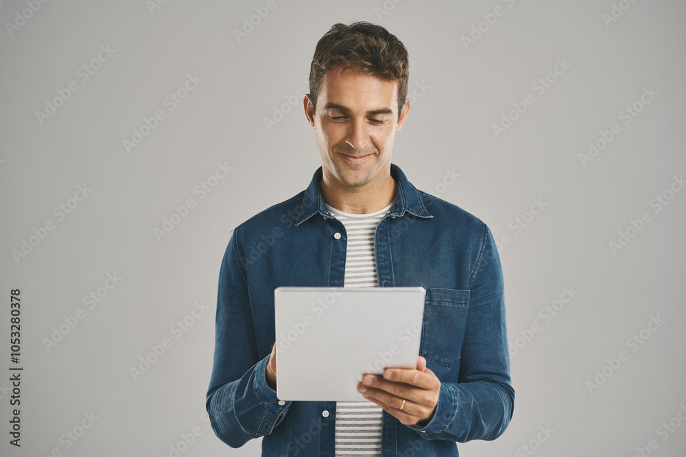Poster ecommerce, smile and tablet with man in studio isolated on gray background for app download or updat