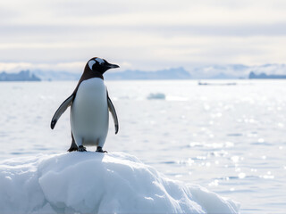 Obraz premium A penguin standing proudly on a small ice floe in a serene, icy landscape.