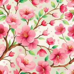 Obraz premium Seamless Pink Blossom Floral Pattern - Watercolor Cherry Flowers on White Background