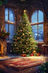 Fototapeta premium A Christmas tree is lit up in a cozy room with a fireplace. The room is decorated with Christmas lights and presents