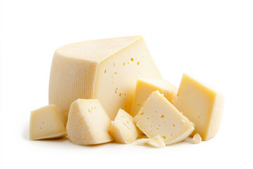 Asiago cheese wheel , soft texture and creamy center, and white rind, isolated on white transparent background