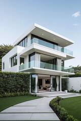 풀장과 정원이 있는 흰색 외벽의 빌라 주택