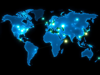 A glowing blue world map illuminated by bright lights, showcasing a vibrant and dynamic representation of the globe.