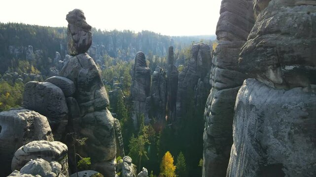 Aerial view of the Teplice Rocks, landscape of the Adrspach-Teplice Mountain Park in the Broumov Uplands region of Bohemia, Czech Republic