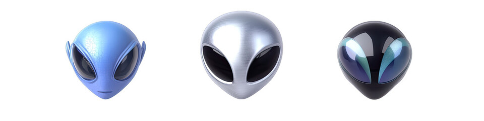 A Silver Alien Head in Cartoon Style. Isolated on a Transparent Background. Cutout PNG.