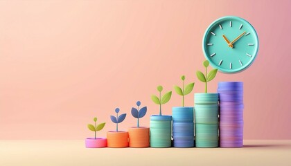 Growth concept with plants and clock.
