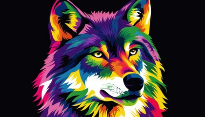 Naklejka premium A vibrant, colorful illustration of a wolf's head, showcasing a mix of bright hues and artistic style.