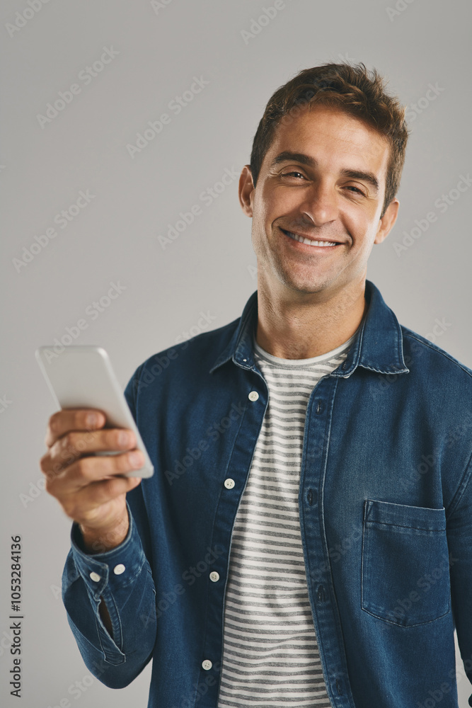 Aufkleber portrait, man and happy with smartphone in studio for social media, post or entertainment on white b