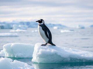 Obraz premium A penguin standing proudly on a small ice floe in a serene, icy landscape.