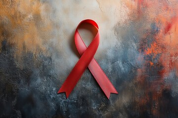 Red ribbon on artistic canvas background symbolizing hiv and aids awareness