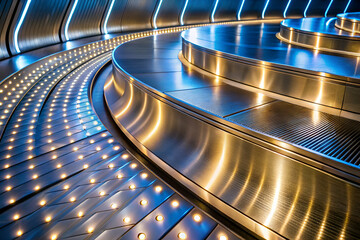 A futuristic spiral staircase adorned with glowing lights and metallic surfaces, creating an inviting, modern atmosphere.