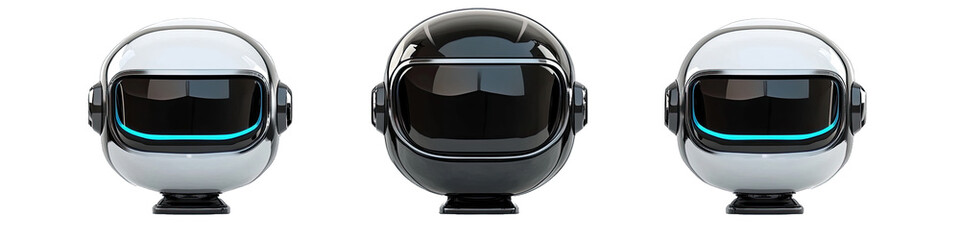 Fototapeta premium A Silver and Black Robot Head in Cartoon Style. Isolated on a Transparent Background. Cutout PNG.