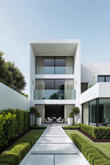 풀장과 정원이 있는 흰색 외벽의 빌라 주택