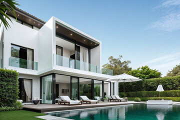 풀장과 정원이 있는 흰색 외벽의 빌라 주택
