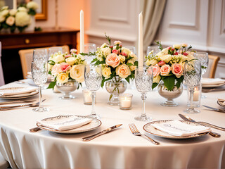 Fototapeta premium A beautifully arranged table featuring white tablecloths and polished silverware, ready for a formal dining experience.